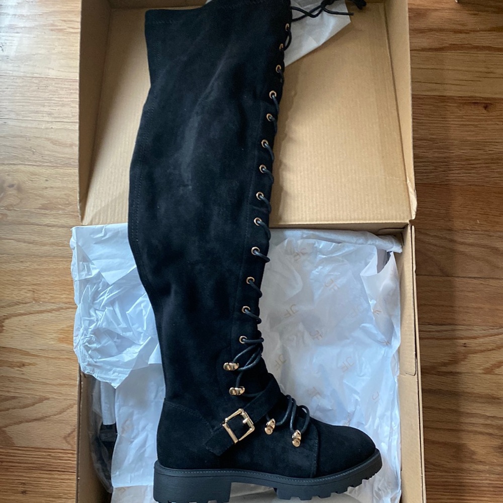 NWOT JF black thigh high over the knee lace up boots sz 36.5